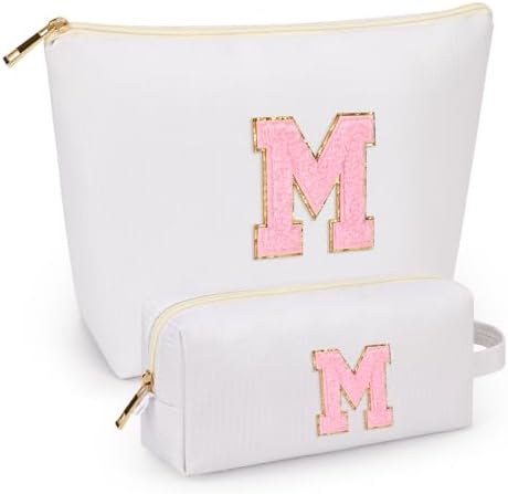 mibasies 2 PCS Initial Makeup Bags: Mothers Day Gifts for Women - Best Friend Birthday Gifts Graduation Gifts Wedding Bridesmaid Girlfriend Wife Daughter Sister Girl Gifts - White M by mibasies