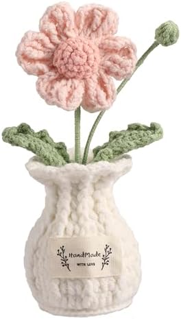 Daisy Crochet Flower Potted Plant – Pink, Handmade Knitted Desk Decor by YOOJEE