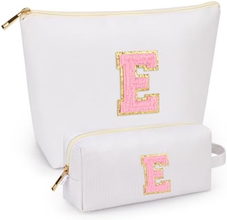 mibasies 2 PCS Initial Makeup Bags for Women: Cosmetic Bag for Travel Toiletry - Personalized Cute Makeup Pouch - Gifts for Grilfriend Wife Moms Bridesmaid - Retirement Travel Gifts - White E by mibasies
