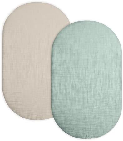 Muslin Bassinet Sheets 2 Pack, 33" x 17", (Beige & Sage) by Meowcards