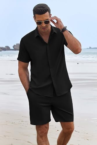 COOFANDY Men's Summer Beach Outfits 2 Piece Short Sleeve Shirts and Shorts Vacation Texture Linen Sets for Men - Image 3