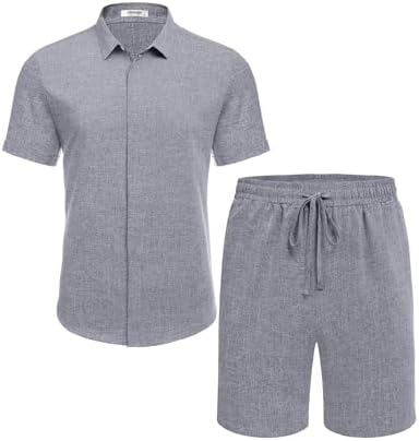 COOFANDY Men's Summer Beach Outfits 2 Piece Short Sleeve Shirts and Shorts Vacation Texture Linen Sets for Men - Image 4