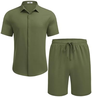 COOFANDY Men's Summer Beach Outfits 2 Piece Short Sleeve Shirts and Shorts Vacation Texture Linen Sets for Men - Image 4