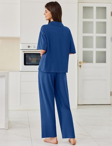 Ekouaer Women Pajamas Set Button Down Sleepwear Short Sleeve Pjs Long Pants - Image 2