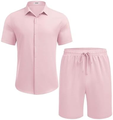 COOFANDY Men's Summer Beach Outfits 2 Piece Short Sleeve Shirts and Shorts Vacation Texture Linen Sets for Men - Image 4