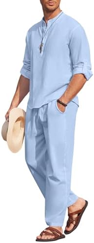COOFANDY Men’s 2 Piece Cotton Linen Set Casual Beach Outfits Long Sleeve by COOFANDY