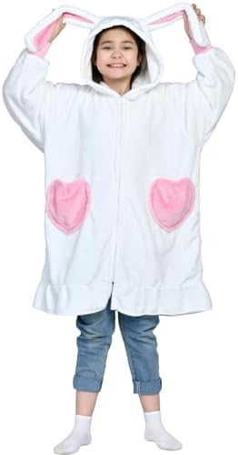 Waitu Rabbit Wearable Blanket Hoodie Funny Halloween Costumes Easter Gifts for Women Men Boys Girls, Rabbit Hooded Blanket Flannel Zipper Hoodie Blanket Birthday Gifts for Teens (Kid, White) by Waitu