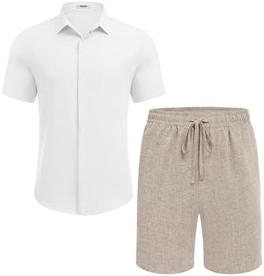 COOFANDY Men's Summer Beach Outfits 2 Piece Short Sleeve Shirts and Shorts Vacation Texture Linen Sets for Men - Image 4
