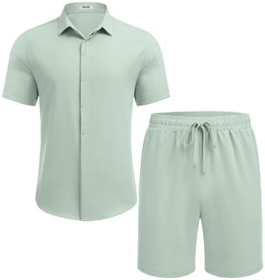 COOFANDY Men's Summer Beach Outfits 2 Piece Short Sleeve Shirts and Shorts Vacation Texture Linen Sets for Men - Image 4