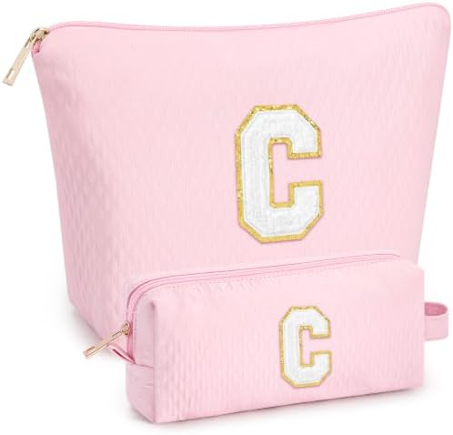 mibasies 2 PCS Initial Makeup Bags for Women: Cosmetic Bag for Travel Toiletry - Birthday Gifts for Teen Girl Gifts Trendy Stuff - Graduation Teacher Gift for Girlfriend -Lattice Pink C by mibasies