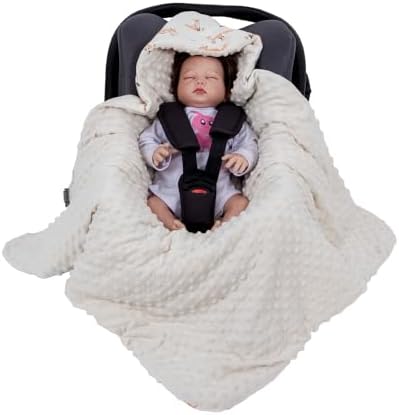 HOUSBAY Baby Blanket Newborn with Hooded Windproof Warm Portable Swaddle Wrap for Basket Safety Seats, Beige, 35.5''x35.5'', Minky Dot and 100% Cotton Fox Printed - Image 2
