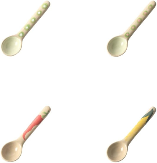 4-PCS hand-painted ceramic afternoon tea and coffee stirring spoon set, long-handled dessert spoons, handcrafted ceramic spoons, coffee spoons, teaspoons, size 4.9*1.3in (12.5*3.5cm) (Round handle)
