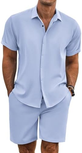 COOFANDY Men's Summer Beach Outfits 2 Piece Short Sleeve Shirts and Shorts Vacation Texture Linen Sets for Men by COOFANDY