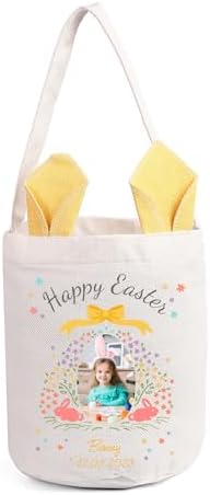 Personalized Bunny Ears Bucket Bag with Custom Name Photo-Easter Bag with Handle-Soft Egg Basket for Kids -Customized Easter Basket-Great for Carrying Gift Easter Eggs (Yellow-Photo) by Dreamgem