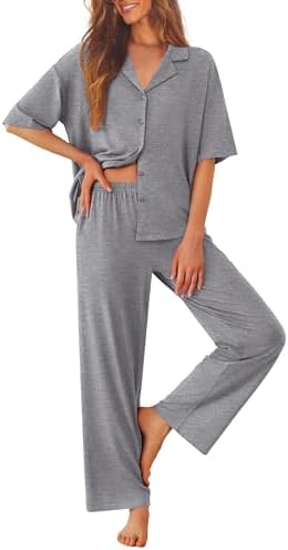 Ekouaer Women Pajamas Set Button Down Sleepwear Short Sleeve Pjs Long Pants by EKOUAER