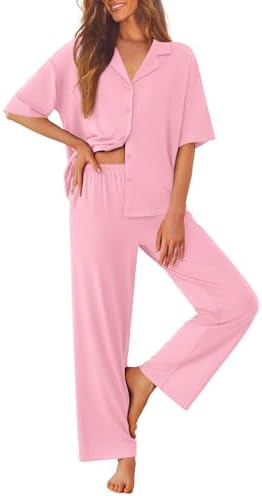 Ekouaer Women Pajamas Set Button Down Sleepwear Short Sleeve Pjs Long Pants by EKOUAER