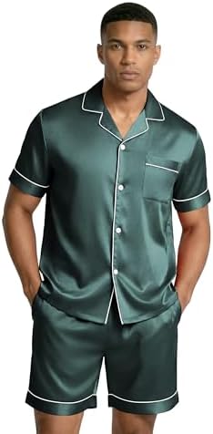 Ekouaer Mens Silk Satin Pajamas Set Short Sleeve Button Up Lounge Pjs Set - Image 2