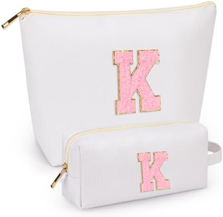2 PCS Initial Makeup Bags for Women: Cosmetic Bag for Travel Toiletry - Birthday Gifts for 11 12 13 14 15 16 17 18 Years Old Girl Graduation Teacher Gift- Teen Girl Gifts Trendy Stuff - White K by mibasies