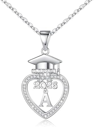 Turandoss Graduation Gifts for Women Her 2026-14K White Gold Plated Initial Necklace Dainty CZ Heart Pendant Silver Initial Necklaces for Women Friends Class of 2026 Friendship Graduation Gifts by TurandossJewelry