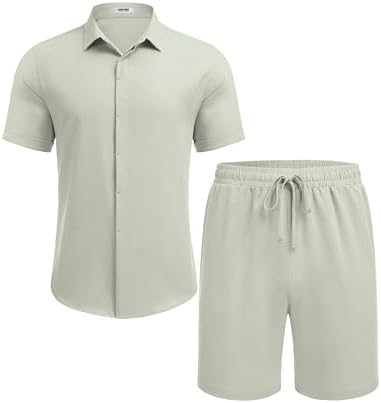 COOFANDY Men's Summer Beach Outfits 2 Piece Short Sleeve Shirts and Shorts Vacation Texture Linen Sets for Men - Image 4