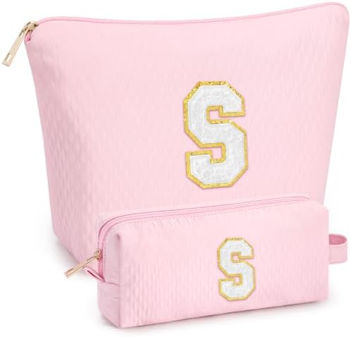 mibasies 2 PCS Initial Makeup Bags for Women: Cosmetic Bag for Travel Toiletry - Birthday Gifts for Teen Girl Gifts Trendy Stuff - Graduation Teacher Gift for Girlfriend -Lattice Pink S by mibasies