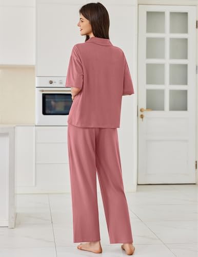 Ekouaer Women Pajamas Set Button Down Sleepwear Short Sleeve Pjs Long Pants - Image 2
