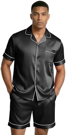 Ekouaer Mens Silk Satin Pajamas Set Short Sleeve Button Up Lounge Pjs Set - Image 2