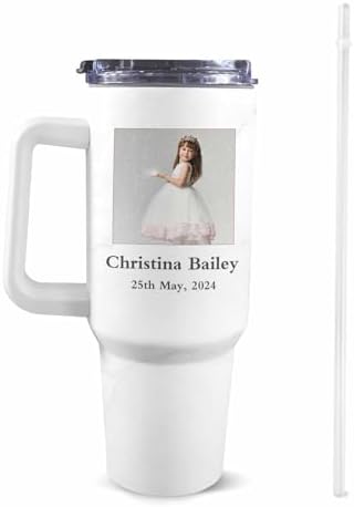 First Communion Gifts for Girls - Personalized 1st Holy Communion Tumblers with Handle and Straw, Custom First Holy Communion Coffee Tumbler with Photo & Name, Baptism Gifts for Girls Daughters - Image 2