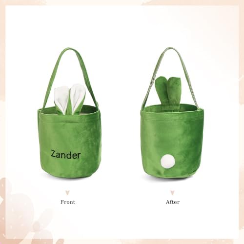 Personalized Bunny Ears Bucket Bag with Custom Name Photo-Easter Bag with Handle-Soft Egg Basket for Kids -Customized Easter Basket-Great for Carrying Gift Easter Eggs (Green-r) - Image 3