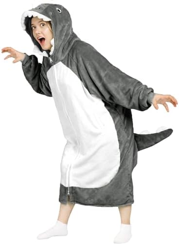 Waitu Dinosaur Wearable Blanket Hoodie Funny Halloween Costumes Gifts for Women Men Boys Girls, Zipper Hoodie Blanket Sweatshirt Cozy Unisex Flannel Dinosaur Costume Cute Gifts (Adult, Gray) by Waitu