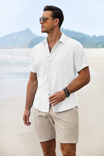 COOFANDY Men's Summer Beach Outfits 2 Piece Short Sleeve Shirts and Shorts Vacation Texture Linen Sets for Men - Image 2