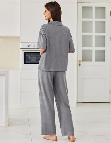 Ekouaer Women Pajamas Set Button Down Sleepwear Short Sleeve Pjs Long Pants - Image 2