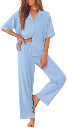 Ekouaer Women Pajamas Set Button Down Sleepwear Short Sleeve Pjs Long Pants by EKOUAER