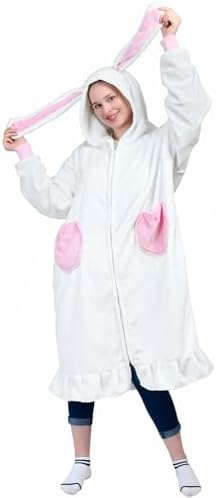 Waitu Rabbit Wearable Blanket Hoodie Funny Halloween Costumes Easter Gifts for Women Men Boys Girls, Rabbit Hooded Blanket Flannel Zipper Hoodie Blanket Birthday Gifts for Girlfriend (Adult, White) by Waitu