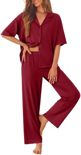 Ekouaer Women Pajamas Set Button Down Sleepwear Short Sleeve Pjs Long Pants by EKOUAER