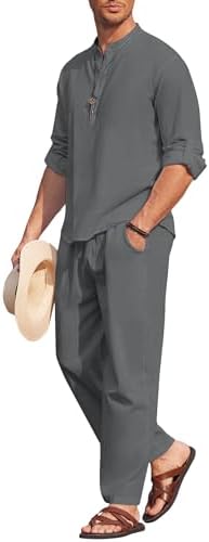 COOFANDY Men’s 2 Piece Cotton Linen Set Casual Beach Outfits Long Sleeve by COOFANDY