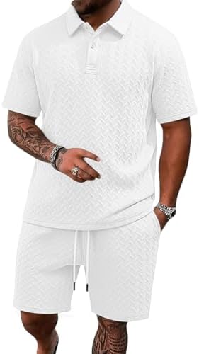 Men's 2 Pieces Outfits Casual Polo Shirt and Shorts Set Collar Athletic Jogging Summer Tracksuit by LINENNMAIN