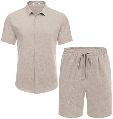 COOFANDY Men's Summer Beach Outfits 2 Piece Short Sleeve Shirts and Shorts Vacation Texture Linen Sets for Men - Image 4