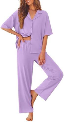 Ekouaer Women Pajamas Set Button Down Sleepwear Short Sleeve Pjs Long Pants by EKOUAER