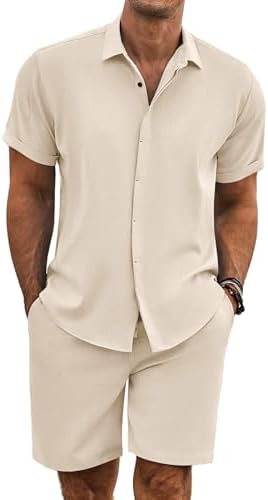 COOFANDY Men's Summer Beach Outfits 2 Piece Short Sleeve Shirts and Shorts Vacation Texture Linen Sets for Men by COOFANDY