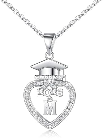 Turandoss Graduation Gifts for Women Her 2026-14K White Gold Plated Initial Necklace Dainty CZ Heart Pendant Silver Initial Necklaces for Women Friends Class of 2026 Friendship Graduation Gifts by TurandossJewelry