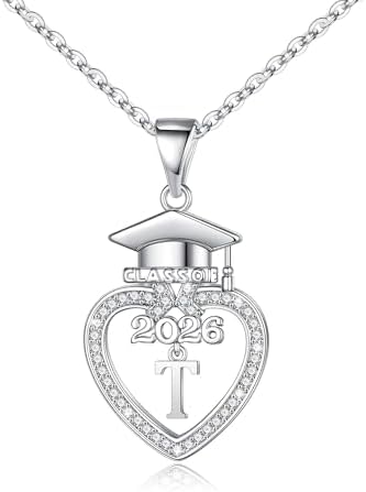 Turandoss Graduation Gifts for Women Her 2026-14K White Gold Plated Initial Necklace Dainty CZ Heart Pendant Silver Initial Necklaces for Women Friends Class of 2026 Friendship Graduation Gifts by TurandossJewelry