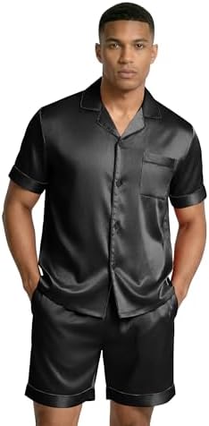 Ekouaer Mens Silk Satin Pajamas Set Short Sleeve Button Up Lounge Pjs Set - Image 2