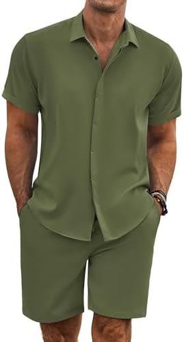 COOFANDY Men's Summer Beach Outfits 2 Piece Short Sleeve Shirts and Shorts Vacation Texture Linen Sets for Men by COOFANDY