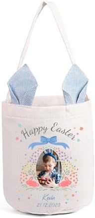 Personalized Bunny Ears Bucket Bag with Custom Name Photo-Easter Bag with Handle-Soft Egg Basket for Kids -Customized Easter Basket-Great for Carrying Gift Easter Eggs (Blue-Photo) by Dreamgem