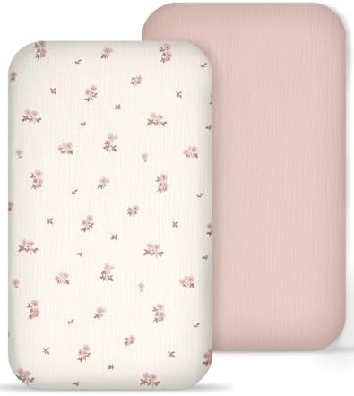 Muslin Bedside Bassinet Sheets 2 Pack, 33" X 20", (Vintage Blossom & Pink) by Meowcards