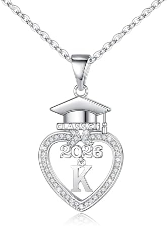 Turandoss Graduation Gifts for Women Her 2026-14K White Gold Plated Initial Necklace Dainty CZ Heart Pendant Silver Initial Necklaces for Women Friends Class of 2026 Friendship Graduation Gifts by TurandossJewelry