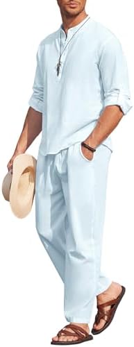 COOFANDY Men’s 2 Piece Cotton Linen Set Casual Beach Outfits Long Sleeve by COOFANDY