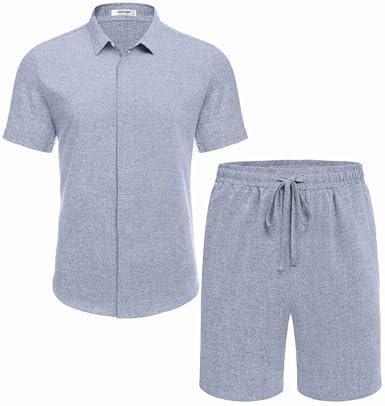 COOFANDY Men's Summer Beach Outfits 2 Piece Short Sleeve Shirts and Shorts Vacation Texture Linen Sets for Men - Image 4