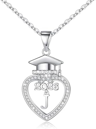 Turandoss Graduation Gifts for Women Her 2026-14K White Gold Plated Initial Necklace Dainty CZ Heart Pendant Silver Initial Necklaces for Women Friends Class of 2026 Friendship Graduation Gifts by TurandossJewelry